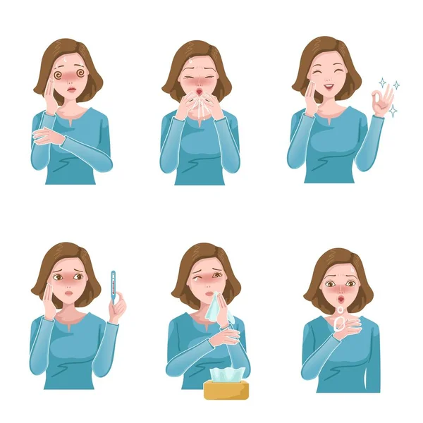 Woman sick set. Patient symptoms. Coughing, sneezing, fever, stuffy nose, headache and wheezing. Influenza symptoms and Covid-19 infections. woman gag with worry gesture. Health care concept. vector — Stock Illustration Woman Sick Set Patient Symptoms Coughing Sneezing Fever Stuffy Nose Royalty Free Stock Vectors