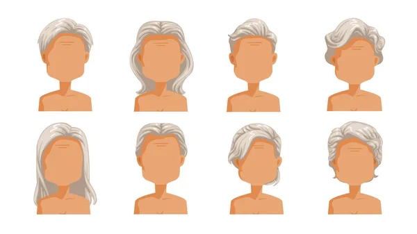 年配の女性の髪 女性の漫画のヘアスタイルの灰色の髪セット ファッショナブルなタイプのコレクション 白い背景に隔離されたベクトルアイコンイラスト — ストックベクタ