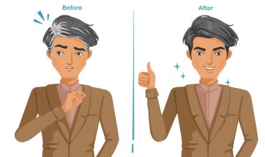 Gray hair of man In brown suit. Feeling unconvincing and then confident. Difference of premature gray hair and good hair health. Illustrations for hair coloring and products. Vector isolated. clipart