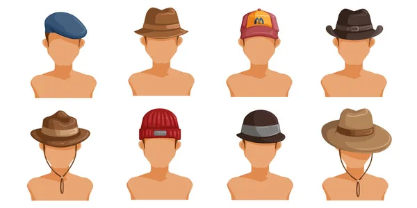 男性用の帽子セット 男の頭のコレクション ヘアスタイルの異なる男性のユーザー写真 ファッションの多様性と異なる種類 ベクターイラスト — ストックベクタ