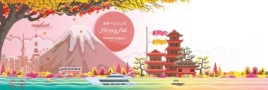 Japonya 'da sonbahar sezonu. Mutlu düşüşler Japon tarzı bina. Çevirisi: Japonya 'ya hoş geldiniz. Turizm için posterler ya da kartpostallar. Vektör illüstrasyon kağıdı kesme biçimi etiketleri. 