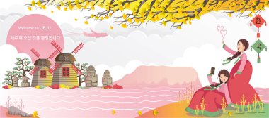 Jeju, Kore 'nin seyahat simgesidir. Panoramik manzara, binaların, mekanların sonbahar görüntüleri. Hanbok giymiş gezgin kız. Kore seyahat posteri ve kartpostal. Çeviri Jeju 'ya hoş geldiniz..