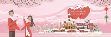 Jeonju, Kore 'nin seyahat simgesidir. Panoramik manzaralı kışlık binalar, mekanlar. Balayı tatili konsepti. Kore seyahat posteri ve kartpostal. Çeviri Jeonju 'ya hoş geldiniz..