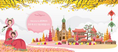 Jeonju, Kore 'nin seyahat simgesidir. Panoramik manzara, binaların, mekanların sonbahar görüntüleri. Hanbok giymiş gezgin kız. Kore seyahat posteri ve kartpostal. Çeviri Jeonju 'ya hoş geldiniz..