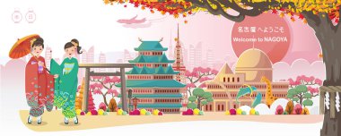Nagoya dönüm noktası. Japonya manzarası. Binanın panoraması. Sonbahar manzarası mutlu sonbahar. Japon turizmi için posterler ve kartpostallar. Nagoya 'ya hoş geldiniz. Kağıt kesiği ya da çıkartma tarzı. Vektör.
