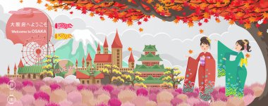 Osaka simgesi. Japonya manzarası. Binanın panoraması. Sonbahar manzarası mutlu sonbahar. Japon turizmi için posterler ve kartpostallar. Osaka 'ya hoş geldiniz. Kağıt kesiği stili. Vektör