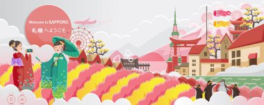 Sapporo dönüm noktası. Japonya manzarası. Binanın panoraması. Sonbahar manzarası mutlu sonbahar. Japon turizmi için posterler ve kartpostallar. Sapporo 'ya hoş geldiniz. Kağıt kesiği ya da çıkartma tarzı. Vektör.
