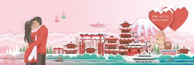 Japonya 'da kış sezonu. Kar yağıyor. Japon tarzı bina. Japonca 'ya hoş geldiniz. Balayı tatili konsepti. Turizm için posterler ya da kartpostallar. Vektör illüstrasyon kağıdı kesme biçimi etiketleri