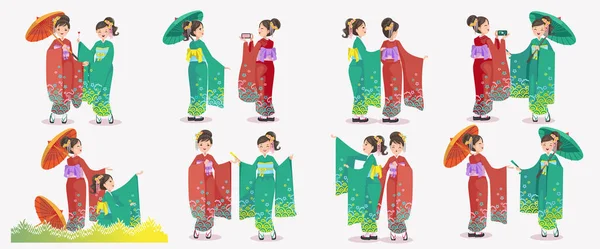 Jeu Fille Japonaise Japonaise Kimono Habiller Robe Nationale Émotions Gestes — Image vectorielle