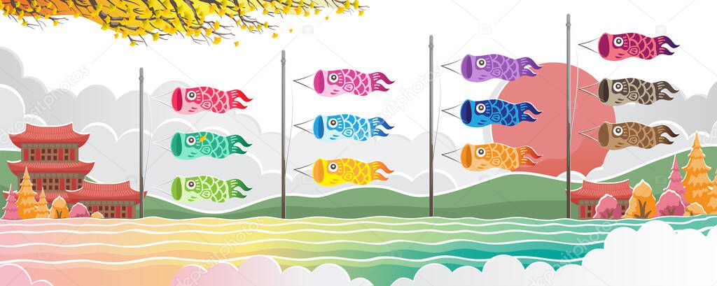 Japanese koi carp flags vector isolated design. Beautiful landscape river, mountains, autumn scenery in Japan. illustration.