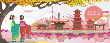 Tokyo simgesi. Japonya manzarası. Binanın panoraması. Sonbahar manzarası mutlu sonbahar. Japon turizmi için posterler ve kartpostallar. Tokyo 'ya hoş geldiniz. Kağıt kesiği stili. Vektör