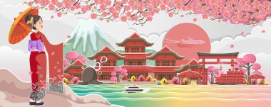 Hakone, Japonya posterine hoş geldin. Yazın Sakura manzarası. Japonya 'daki binalar ve simgeler. Japonya 'nın kırsal alanının manzaraları. Kartpostallar ve turizm için tasarım kartları. Kimonolu kadın japon..