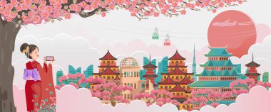 Japonya posterine hoş geldiniz. Yazın Sakura manzarası. Japonya 'daki binalar ve simgeler. Japonya 'nın kırsal alanının manzaraları. Kartpostallar ve turizm için tasarım kartları. Kimonolu kadın japon..