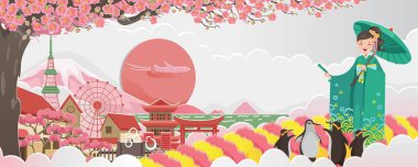 Japonya posterine hoş geldiniz. Yazın Sakura manzarası. Japonya 'daki binalar ve simgeler. Japonya 'nın kırsal alanının manzaraları. Kartpostallar ve turizm için tasarım kartları. Kimonolu kadın japon..