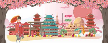 Nagoya Japonya posterine hoş geldin. Yazın Sakura manzarası. Japonya 'daki binalar ve simgeler. Japonya 'nın kırsal alanının manzaraları. Kartpostallar ve turizm için tasarım kartları. Kimonolu kadın japon..