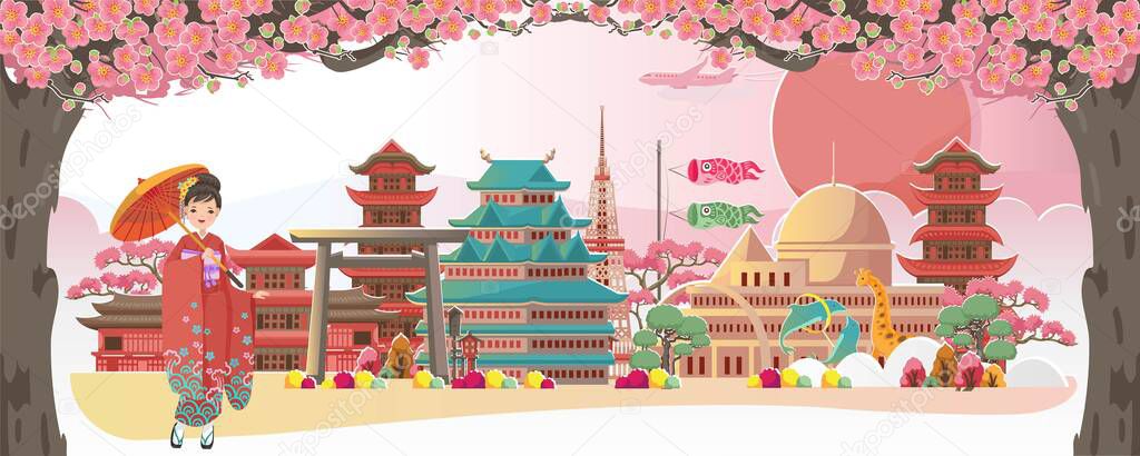 Nagoya Welcome to japan poster. Sakura scenery in the summer. Buildings and landmarks in Japan. Landscapes of the Japan countryside. Design cards for postcards and tourism. Woman japanese in kimono dress.