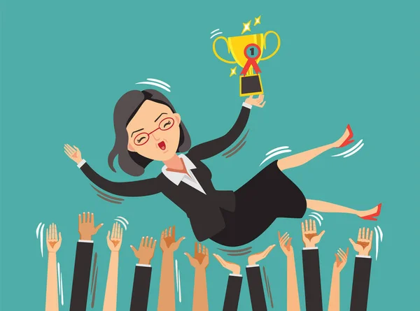 Business Woman Success Women Business Leader Trophy His Team Celebrating — стоковый вектор