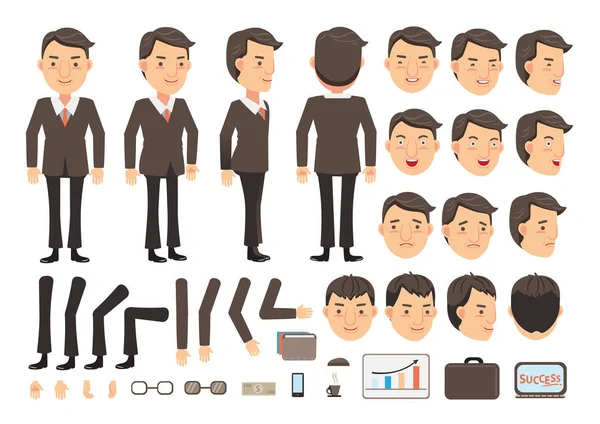 商人的性格创造设置 具有不同脸型和发型 男性侧视的图标 移动的胳膊 矢量说明 — 图库矢量图片