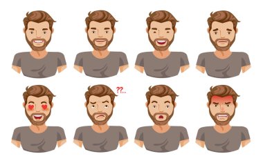 Yüz adam, erkek yüz duyguları seti. Farklı ifadelere sahip sakallı adam emoji karakteri. 