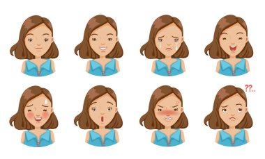 Kadının duygularıyla yüzleşmek. Yüz ifadesi. Beyaz arkaplanda izole edilmiş vektör illüstrasyonu