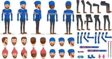 Süveterli Adam yaratma seti. Kayakçılar çizgi film karakteri. Farklı yüzlere ve saç stiline sahip ikonlar, duygular, ön, arka, erkek şahsın yan görünüşü. Hareket eden kollar, bacaklar. Kış modası
