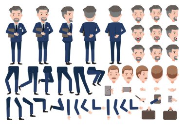 Otel müdürü oluşturma seti. Animasyon karakteri. Farklı tiplerde yüzleri, saç stili, duyguları, önü, arkası, erkek bakış açısı olan ikonlar. Hareket eden kollar, bacaklar. Vektör.