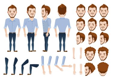 İnsan karakteri oluşturma seti. Farklı yüzlere ve saç stiline sahip ikonlar, duygular, ön, arka, erkek şahsın yan görünüşü. Hareket eden kollar, bacaklar. Vektör illüstrasyonu