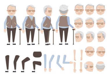 Yaşlı adam baston karakter yaratma setine güveniyor. Farklı yüzlere ve saç stiline sahip ikonlar, duygular, ön, arka, erkek şahsın yan görünüşü. Hareket eden kollar, bacaklar. Vektör illüstrasyonu