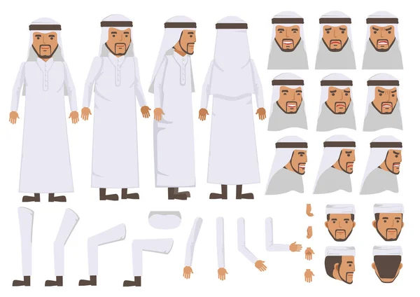 Ciptaan Karakter Arab Man Ditetapkan Ikon Dengan Berbagai Jenis Wajah - Stok Vektor