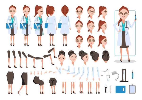 Conjunto Femenino Creación Personajes Doctor Iconos Con Diferentes Tipos Caras — Vector de stock