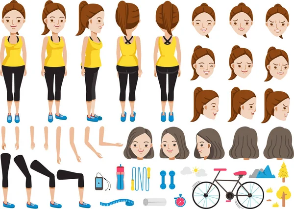 Fitness Kadın Karakter Oluşturma Seti Farklı Tipte Yüzlere Saç Stiline — Stok Vektör
