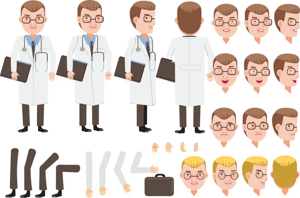 Juego Creación Personajes Masculino Doctor Iconos Con Diferentes Tipos Caras — Vector de stock