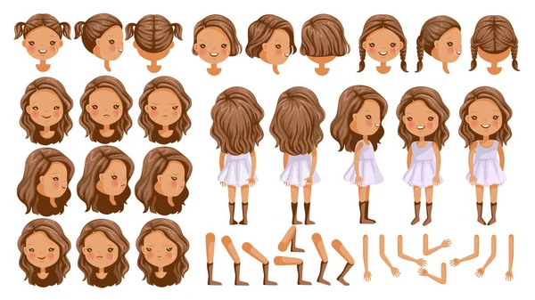 小女孩人物形象的设定 图标与不同类型的脸和发型 情绪的微笑 侧面看女性的人 移动的胳膊 — 图库矢量图片