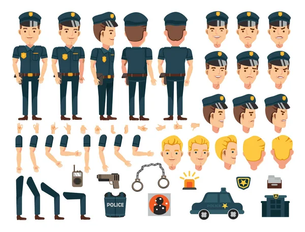 Creación Personajes Policiales Iconos Con Diferentes Tipos Caras Peinados Emociones — Archivo Imágenes Vectoriales