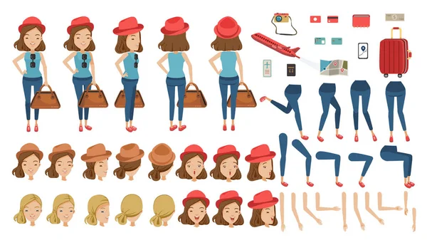 Touristin Frau Reise Schöpfungsset Zeichentrickfigur Flughafen Ikonen Mit Unterschiedlichen Gesichtstypen — Stockvektor