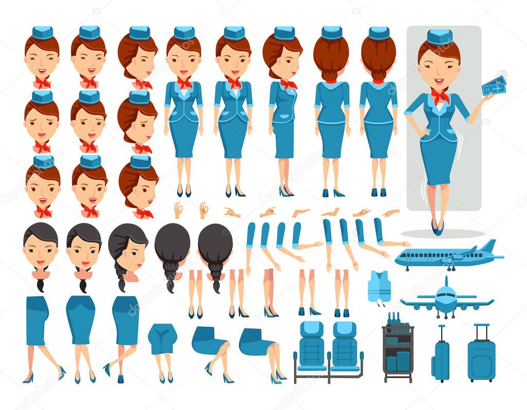 Air hostess Air hostess character creation set.Icons with different types of faces and hair style, emotions,front,rear,side view of female person.Moving arms,legs.Vector illustration Isolated on white background