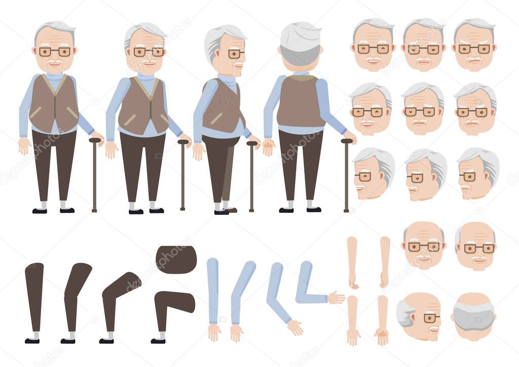 Old man relies on cane character creation set. Icons with different types of faces and hair style, emotions,  front, rear, side view of male person. Moving arms, legs. Vector illustration