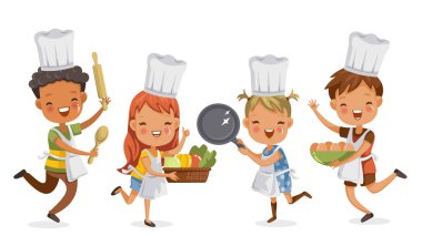 Çocuklar yemek yapıyor. Oğlanlar ve kızlar yemek ekipmanlarını mutlu bir şekilde hazırlıyorlar. Mutfak eşyaları, sebzeler ve yumurtalar. konsept çocukluk anlarını öğrenmek ve pratik yapmaktır. Vektör çizimleri.