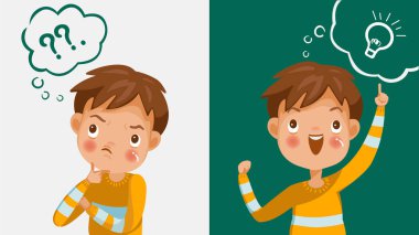 Boy thinking. Emotions and gestures. Think not, do not understand, Think out. The concept of learning and growing children. Cartoon illustrations vector clipart