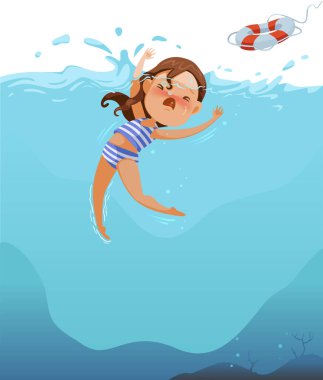 Drowning Cute little girl in swimsuit is cramping. Children are drowning the deep sea. Efforts above water. Shock and panic. Ask for help. Rubber tires are thrown to save lives.Dangers, Water Sports and Rescue clipart