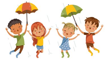 Erkekler ve kızlar yağmurun ortasında, keyifli duygular birlikte, yağmur mevsiminin ilk yağmurunu hoş karşılar, çocukluğun eğlenceli anları, güçlü öğrenme ve büyüyen çocuklar.