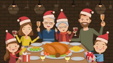 Noel yemeği. Evde, evde, evde, Noel yemeğinde kırmızı şarapla aile tostu. Baba, anne, büyükbaba, büyükanne, oğul, kız, birlikte kutluyorlar. vektör illüstrasyonu.