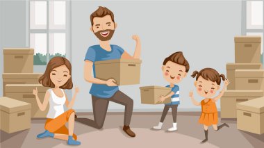 Aile taşınıyor ve kutularını boşaltıyor, karı koca, oğul, kız kutluyor ya da toplandıktan sonra yorgun düşüyor. Çizgi film karakteri ebeveynleri ve sevimli çocuklar. Vektör çizimi izole edildi.