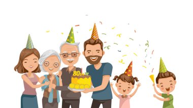 Mutlu aile büyükannenin doğum gününü kutlar. Pasta ve partiye şaşıracaksın. Sevgi dolu ailenin ilişkisini seviyorum. Mutlu zamanlardı. Çizgi film vektör çizimi izole edilmiş beyaz arkaplan