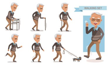 Yaşlı adam seti. Yaşlı adam bastonla yürüyor. Yürüyen ve gülümseyen sıradan bir son sınıf öğrencisinin boyu. Olgun bir adamın yürüteçle portresi. Köpek tasması. beyaz arkaplanda izole