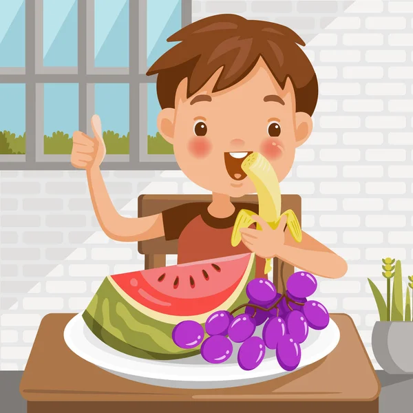 Boy Eating Fruit Sitting Table Eating Banana Watermelon Grapes Tray — Stock Vector