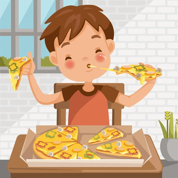 男孩吃披萨 坐在桌旁吃午饭 披萨盒里的好吃的食物在家里的餐厅里 穿着红衫的可爱的小男孩卡通片 孩子脸上的感情很好 很开心 — 图库矢量图片