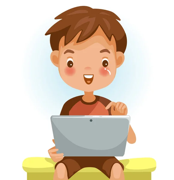 Boy Using Tablet Looking Touching Screen Pleasant Surprise Sitting Chair — Stock Vector
