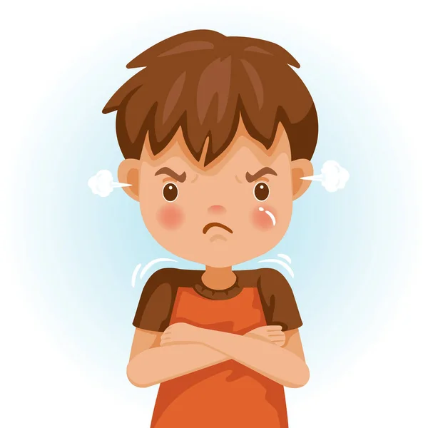 怒ってる子 赤いシャツの少年は怒りを表現している 興奮と怒り 白地に隔離された漫画のキャラクター ベクトルイラスト — ストックベクタ