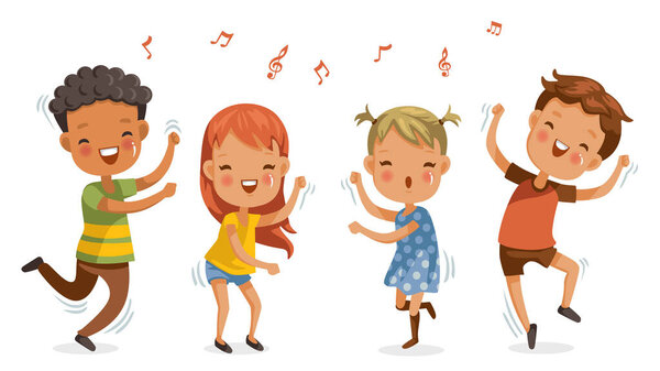 Дети танцуют. Мальчишки и девчонки весело танцуют вместе. Веселитесь в детстве. Векторные иллюстрации изолированы на белом фоне
